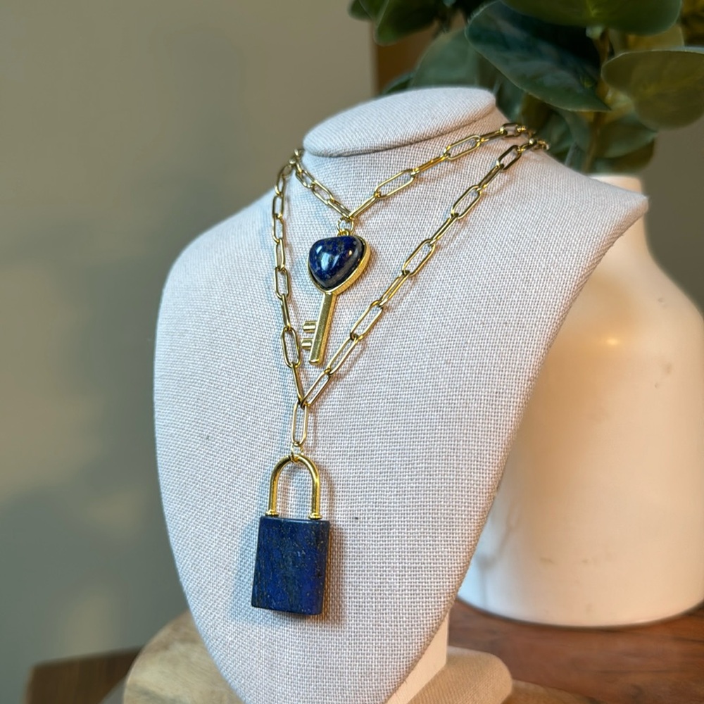 Lock & Heart Key Charms on Gold Paper Clip Necklaces - New - Picture 2 of 5